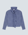 Blue checkered shirt with a tie detail on a light gray background