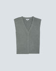 A gray knit cardigan vest with a V-neck and button closure, laid flat against a light gray background.