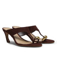 Brown high-heeled sandals with gold accents on a white background