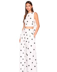 Polka Dot Poplin Tie Back Top full body front and side view on model