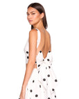 Polka Dot Poplin Tie Back Top close up side view of model