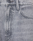 Close-up of gray denim jeans with stitching details