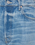 Close-up of blue denim fabric with stitching details
