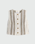 Striped sleeveless top with buttons on a light gray background