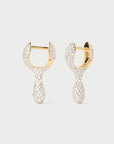 Gold hoop earrings with diamond-like stones on a light gray background