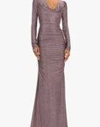 Long-sleeve evening gown in a metallic purple hue on a white background front view