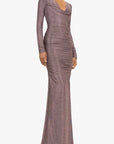 Mauve evening gown with long sleeves on a white background front view
