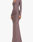 Mauve evening gown with long sleeves on a white background front view