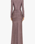 Mauve evening gown with long sleeves on a white background back view