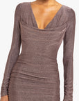 Brown long-sleeve dress with a deep neckline on a white background detail view