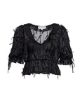A black sheer ruffled blouse with tiered puff sleeves, a deep V-neckline, and a gathered peplum waist, shown against a plain white background.