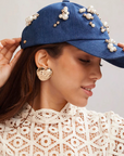 Lele Sadoughi Scattered Pearl Denim Hat on model