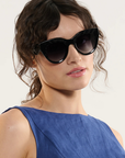 Krewe Charlotte Black + Black Crystal Sunglasses on heart shape face