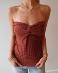 Essentiel Holo Strapless Knit Top in Rooibos Tea close up