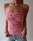 Essentiel Holo Strapless Knit Top in Fairy Tale close up
