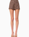 Brown checkered shorts worn by a person on a white background, front