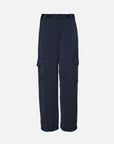 A pair of dark navy blue cargo pants with a wide-leg fit, shown against a plain light gray background.