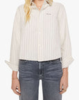 Woman wearing a striped shirt and sunglasses on a white background