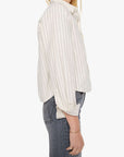 Woman wearing a white striped shirt and sunglasses on a white background