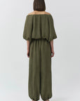 Anni Puff Sleeve Cropped Top, worn off shoulder, and Freya Parachute Pant full body back