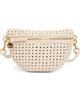 An off-white woven leather half-moon belt bag with gold-tone hardware and a top zipper, shown against a plain white background.
