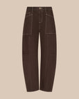 Dark brown cropped jeans with contrast stitching and large front patch pockets, shown flat against a solid beige background.