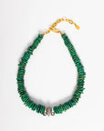Green beaded necklace with gold clasp on a white background