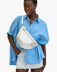 Clare V Grande Fanny Woven Checker Silver on chest