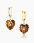 Heart-shaped earrings with gold and brown design on a white background