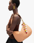 Clare V Moyen Messenger Woven Checker Bisque on shoulder