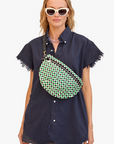 Clare V Grande Fanny Woven Checker Green Apple on chest