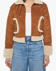 Brown suede jacket with white fur trim worn by a person on a white background