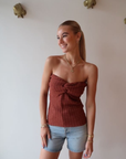 Essentiel Holo Strapless Knit Top in Rooibos Tea front