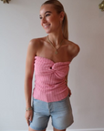 Essentiel Holo Strapless Knit Top in Fairy Tale front