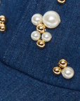 Lele Sadoughi Scattered Pearl Denim Hat close up