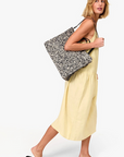 Clare V Summer Simple Tote Black/Cream Raffia full body, on shoulder