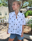 Velvet Macy Embroidered Button-down Top front, held out