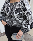 Farm Rio Placed Floral Print Long Sleeve Blouse close up