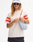 Clare V Lune Denim Suede Bag on shoulder