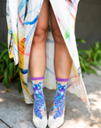 Sock Candy Aquamarine Peacock Sheer Crew with cream shoes