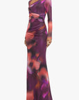 Long-sleeve dress with abstract multicolor pattern on a white background front view