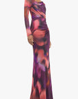 Long-sleeve dress with abstract multicolor pattern on a white background front view