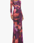 Long-sleeve dress with abstract multicolor pattern on a white background front view