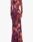 Long-sleeve dress with abstract pattern on a white background back view