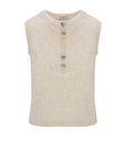 Beige sleeveless vest with gold buttons on a white background