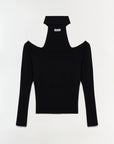 Black long-sleeve top with cut-out shoulders on a white background