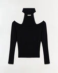 Black long-sleeve top with cut-out shoulders on a white background