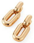 A pair of chunky, polished gold chain-link style earrings on a clean white background.