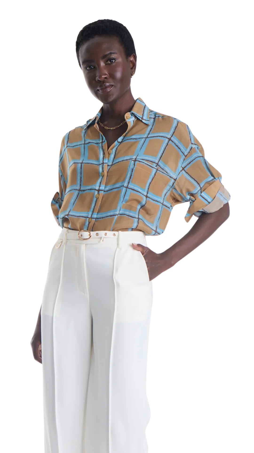 Malaga Plaid Print Shirt M / TAN
