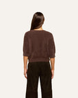A woman viewed from the back wearing a brown fuzzy cropped sweater and dark brown wide-leg pants, set against a plain off-white background.